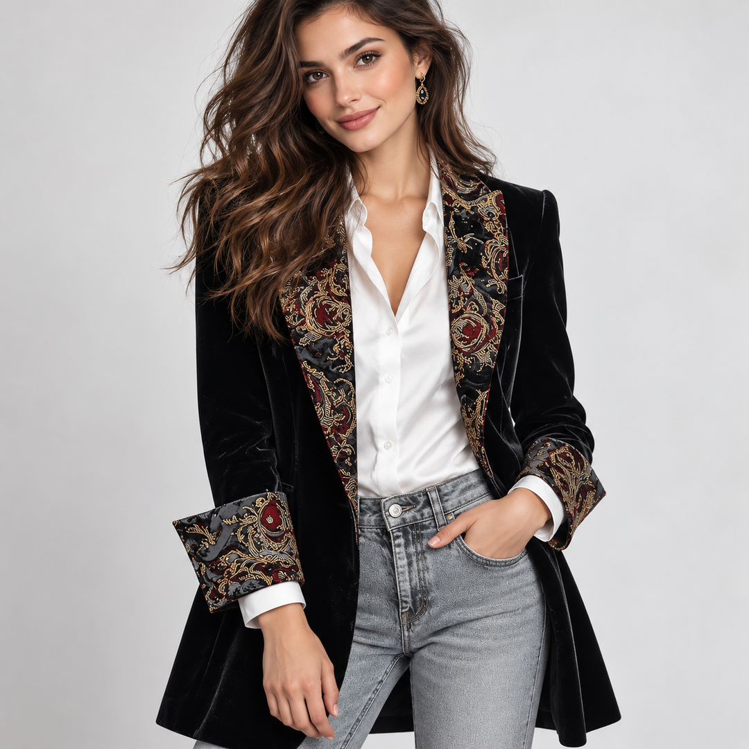 Felicity – Elegant Black Blazer with Baroque Print