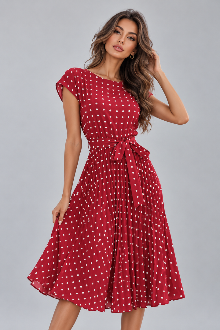 Avelina – Polka Dot Pleated Midi Dress