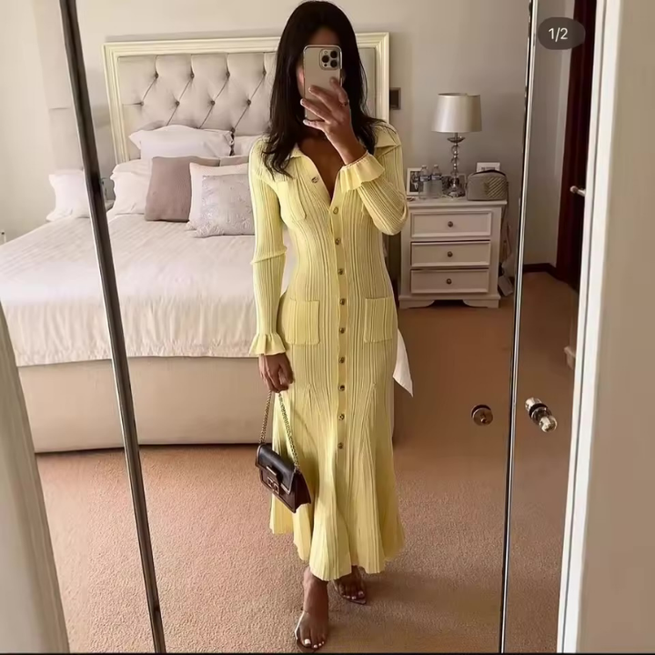 Victoria – Elegant Knitted Maxi Dress with Polo Collar