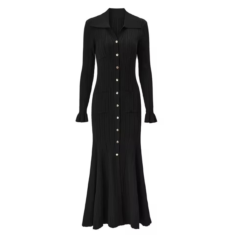 Victoria – Elegant Knitted Maxi Dress with Polo Collar