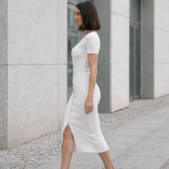 Sofia – V-Neck Button Knit Maxi Dress with Slit