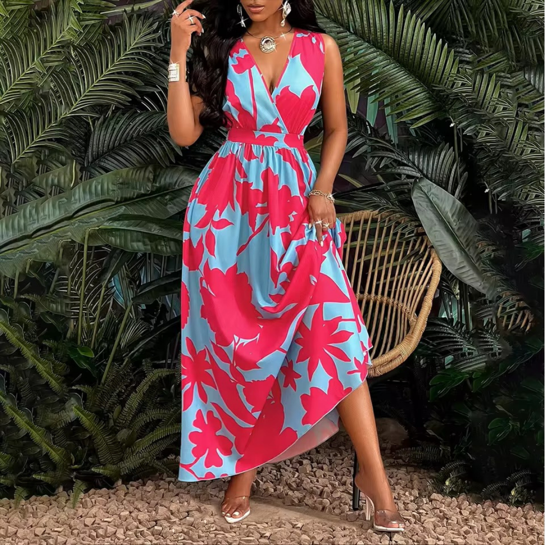 Francesca – Elegant Vintage Contrast V-Neck Sleeveless Dress