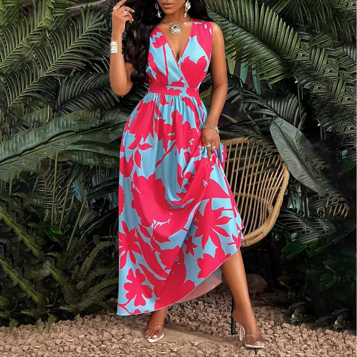 Francesca – Elegant Vintage Contrast V-Neck Sleeveless Dress