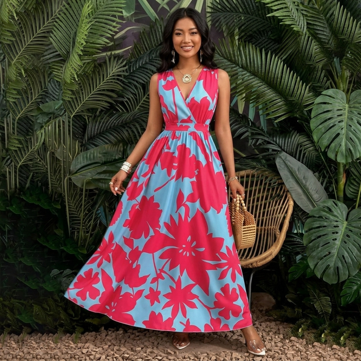 Francesca – Elegant Vintage Contrast V-Neck Sleeveless Dress