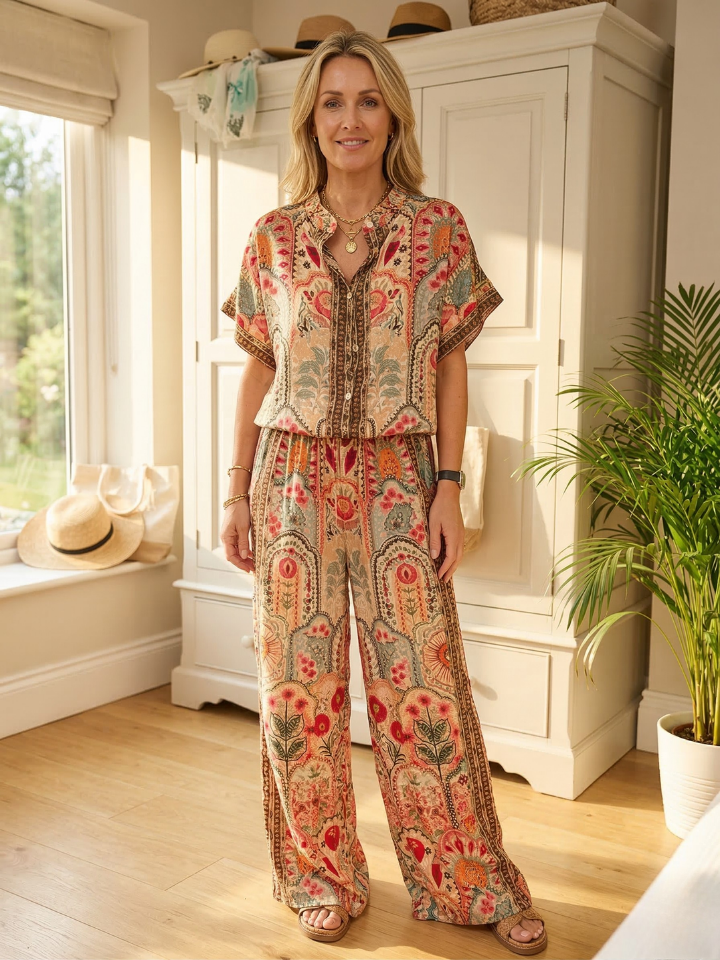 Dakota™ Boho Print Tassel Detail Elastic Waist Wide-Leg Pants with Pockets