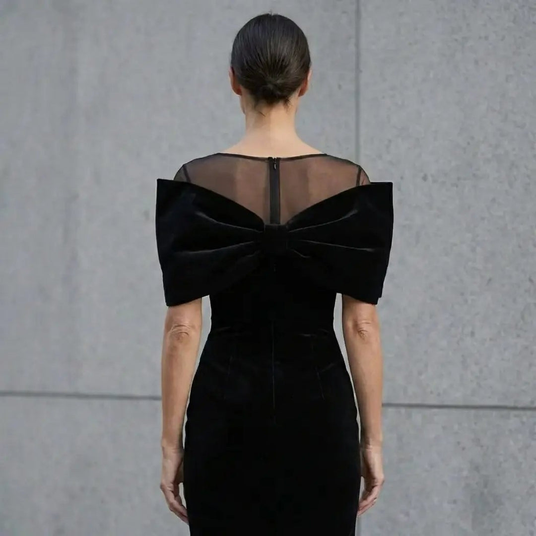 Isabella ❘ Black Velvet Midi Dress with a Dramatic Bow