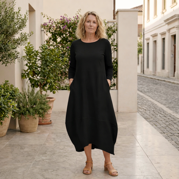 Elodie – Black Midi Dress with Pockets