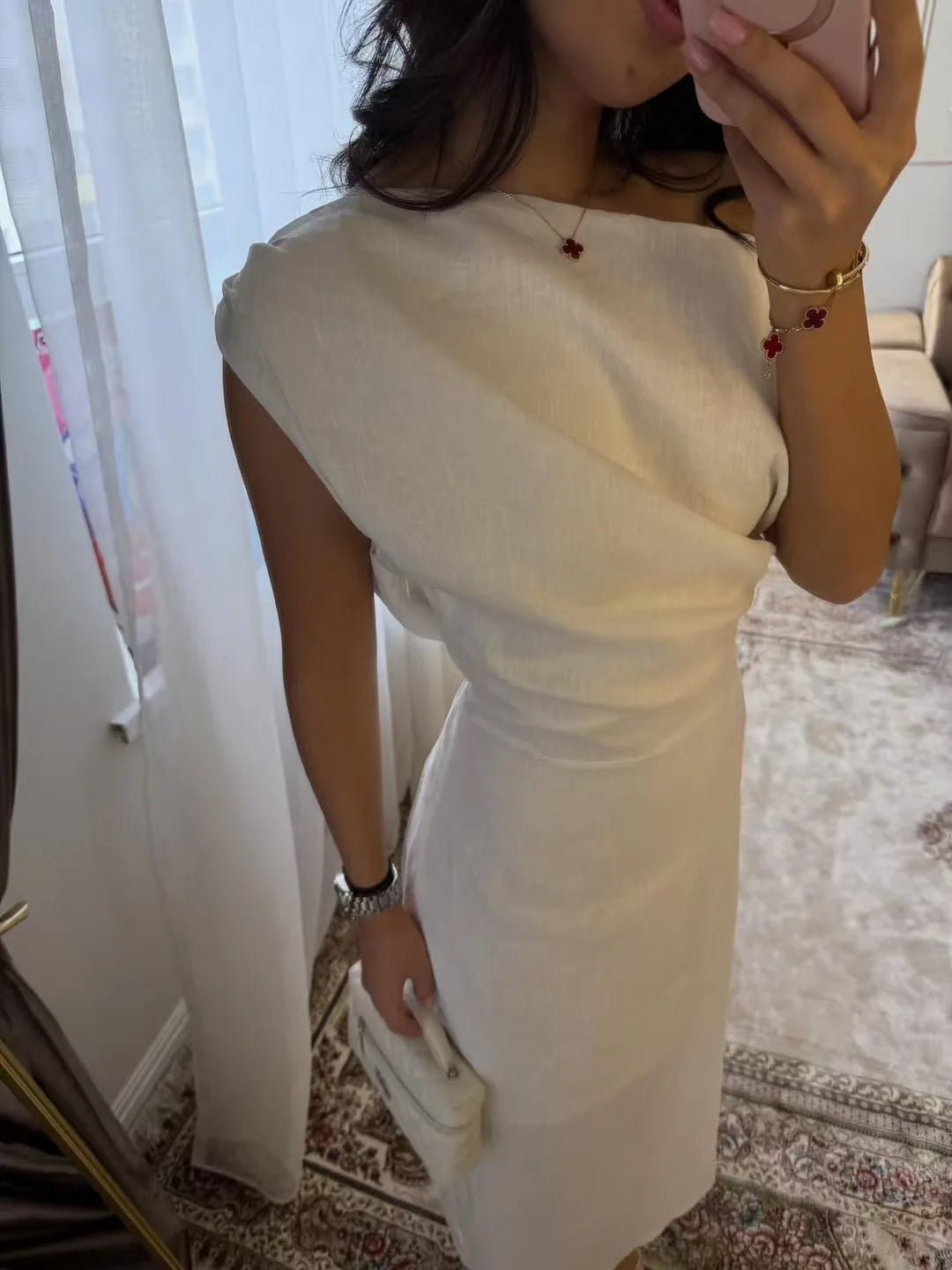 Elegant One Shoulder Asymmetric Pleated Long Dress Chic Solid Color Slanted Collar Slim Cinched Slit Cotton Linen Blend Dresses - White