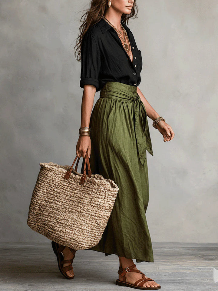 Zwarte Shirt En Olijfgroene Midi Rok Twee-delige Set