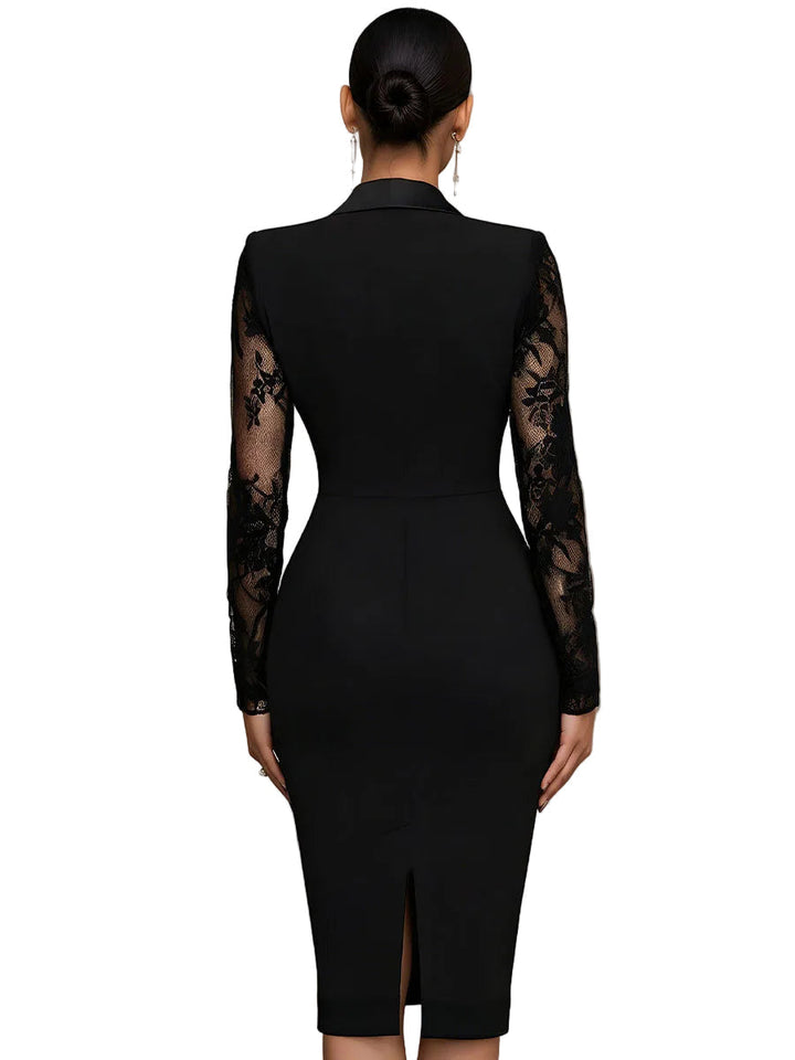 Camila - Sophisticated Black Blazer-Style Lace Midi Dress