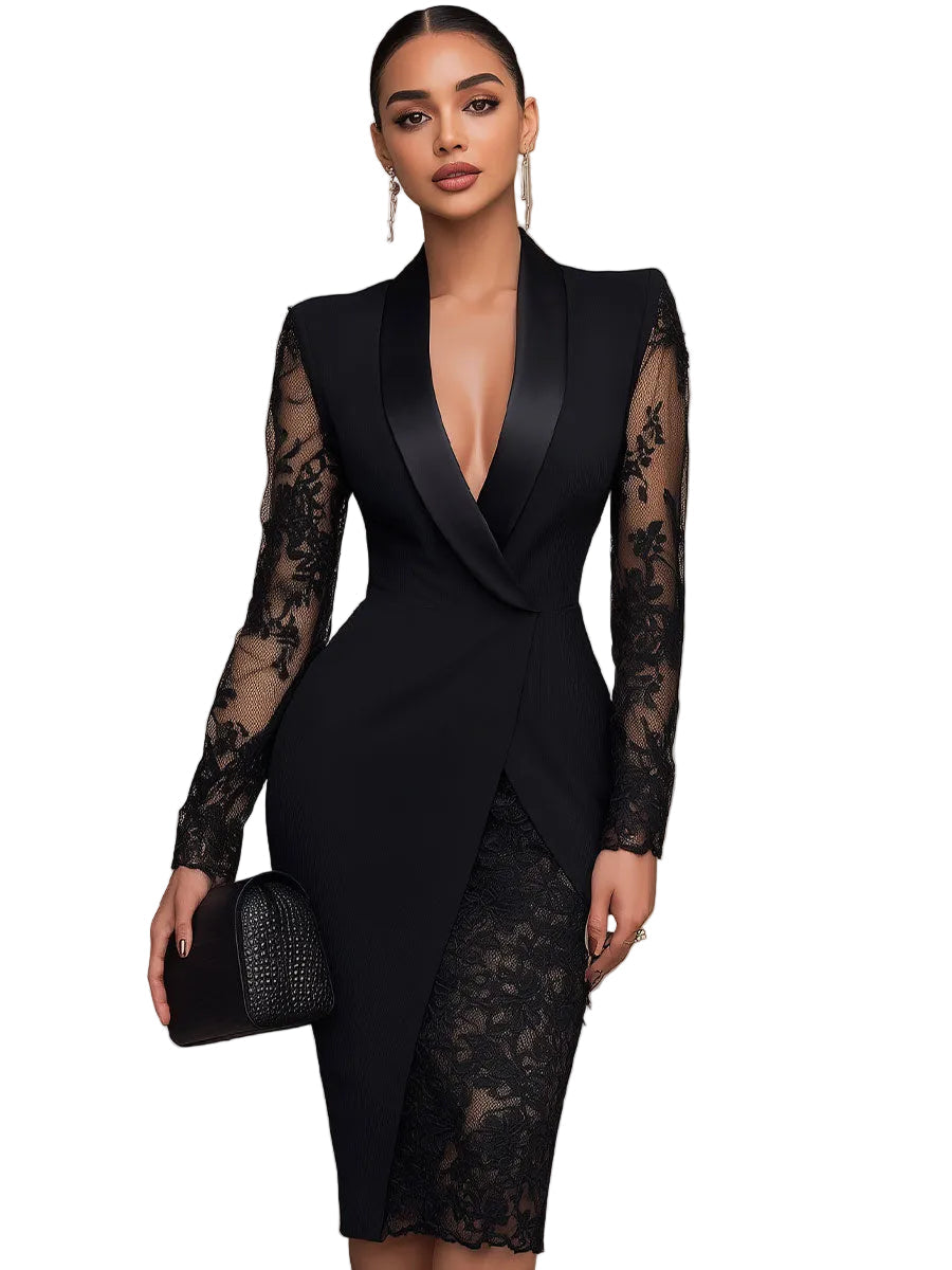 Camila - Sophisticated Black Blazer-Style Lace Midi Dress