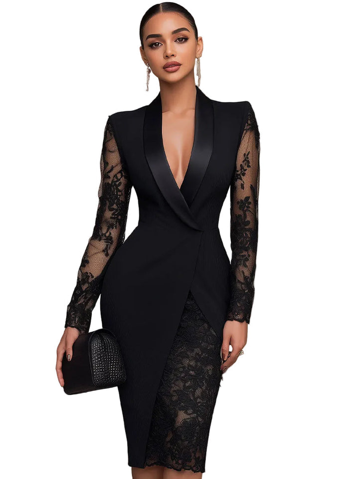 Camila - Sophisticated Black Blazer-Style Lace Midi Dress