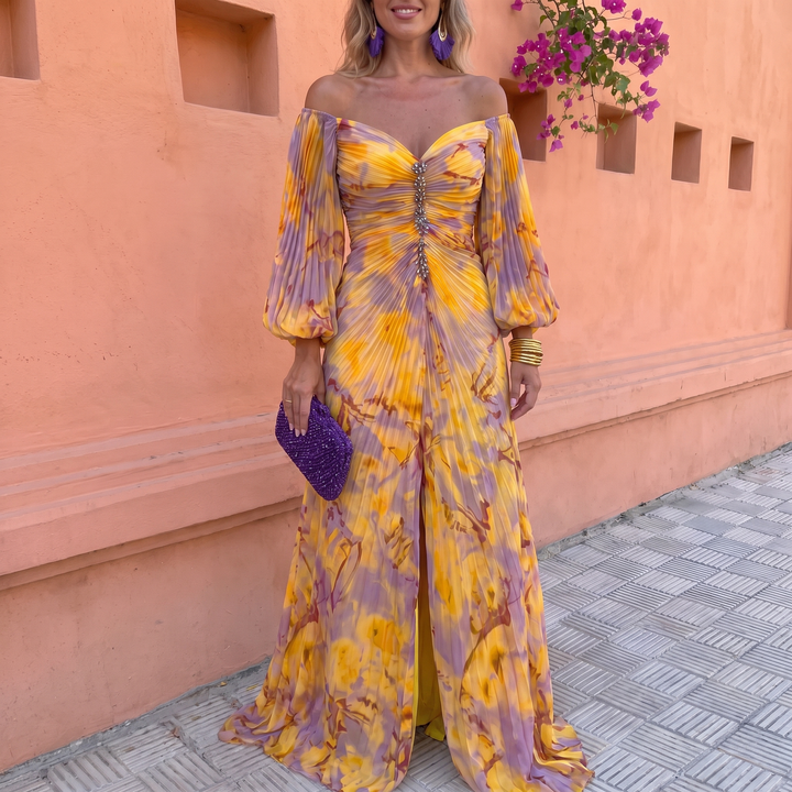 Fiorella – Long Floral Dress with a Deep Neckline