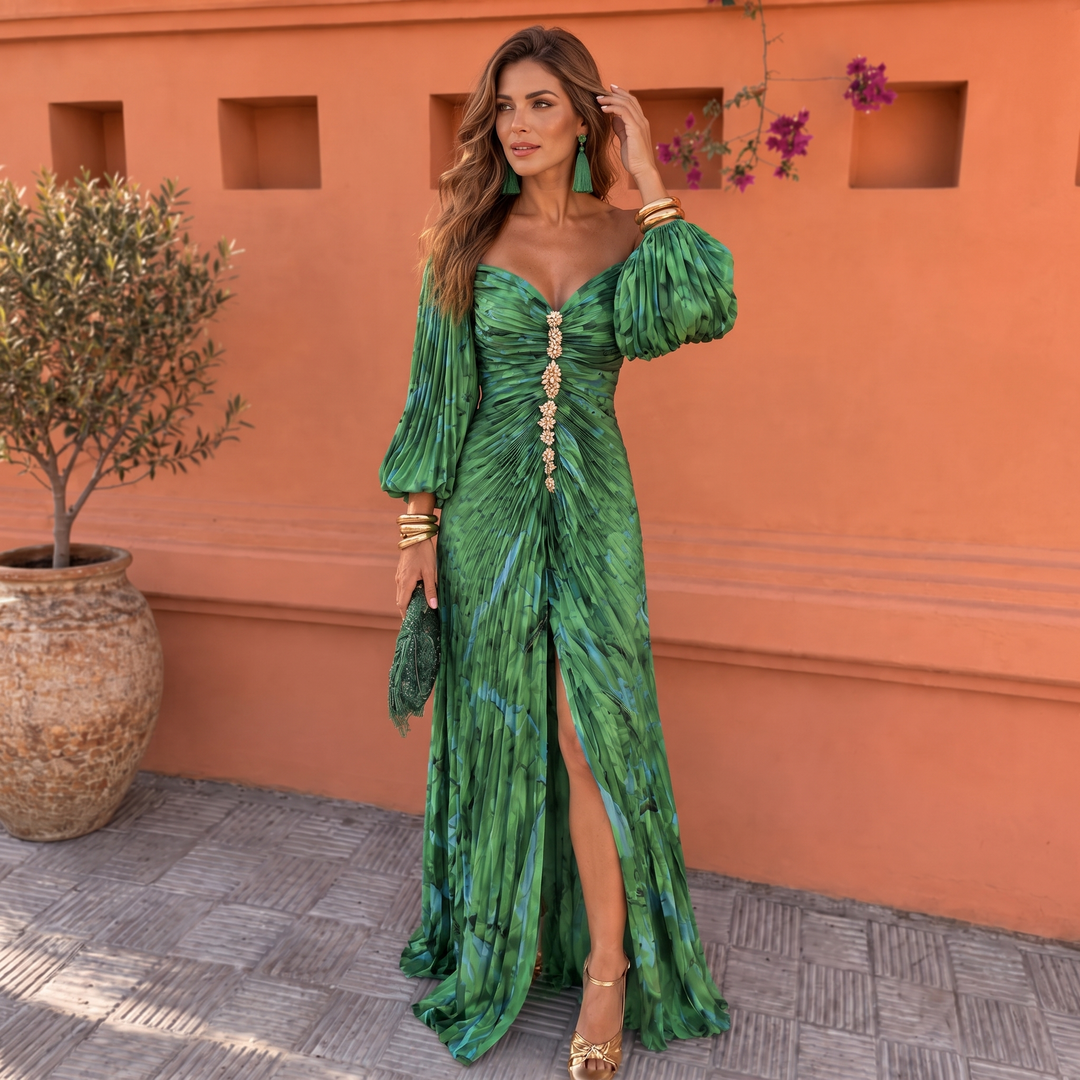 Fiorella – Long Floral Dress with a Deep Neckline