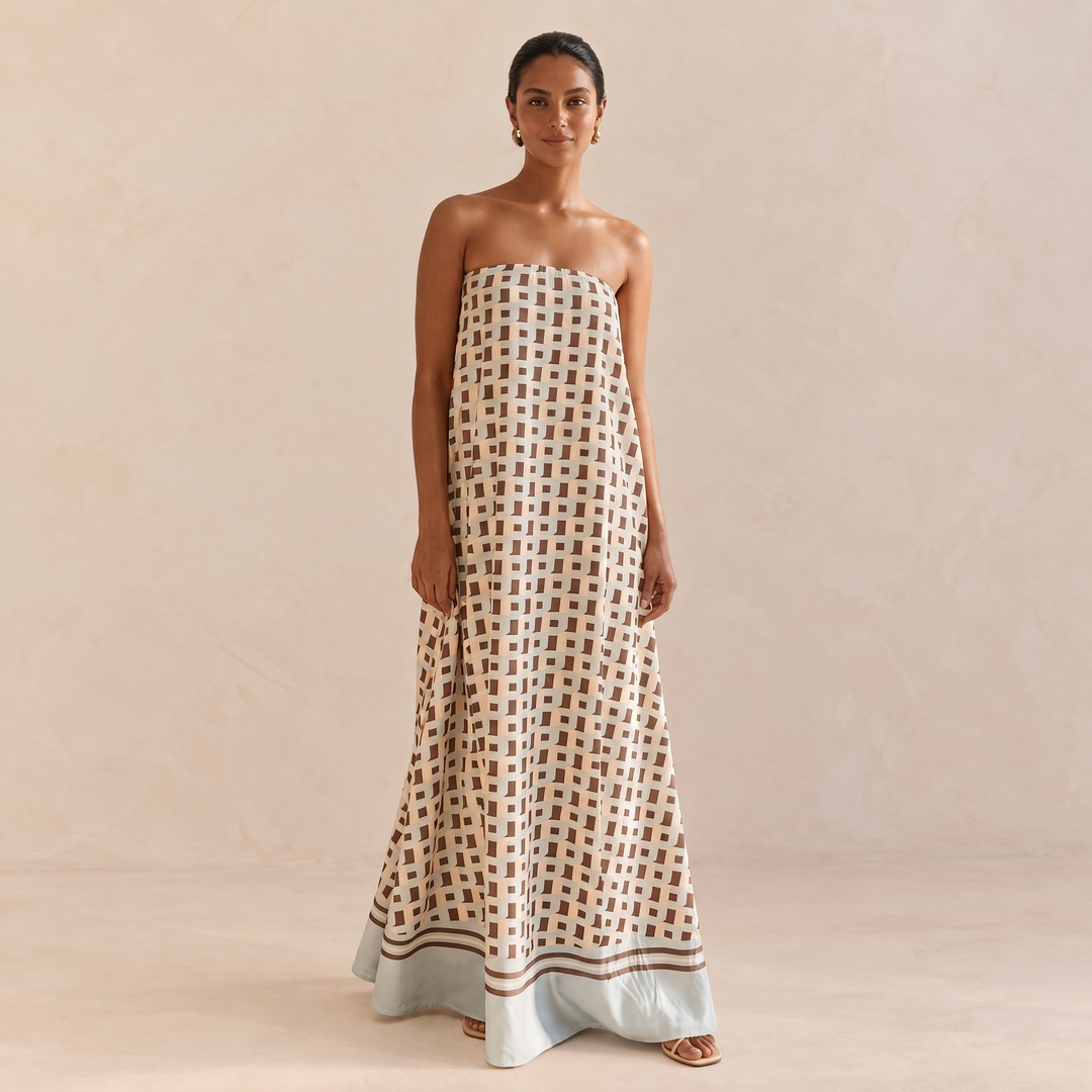 Isadora™ Exclusive Geometric Print Off-Shoulder A-Line Maxi Dress