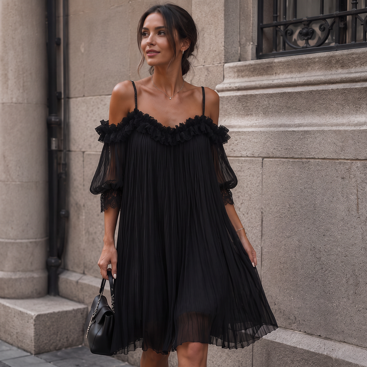 Jolene | Black Off-Shoulder Chiffon Mini Dress with Lace Trim
