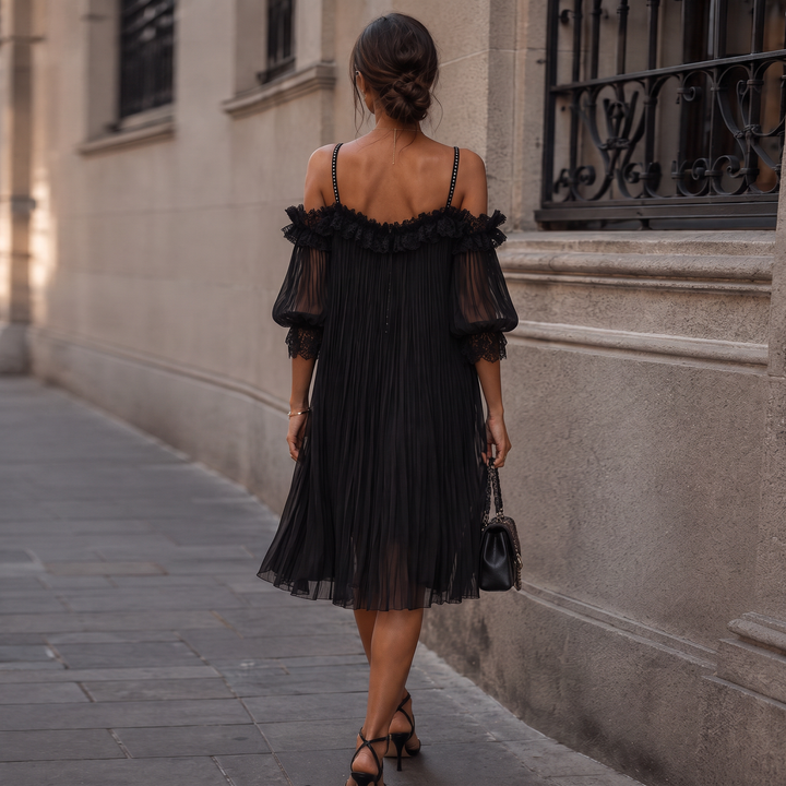 Jolene | Black Off-Shoulder Chiffon Mini Dress with Lace Trim