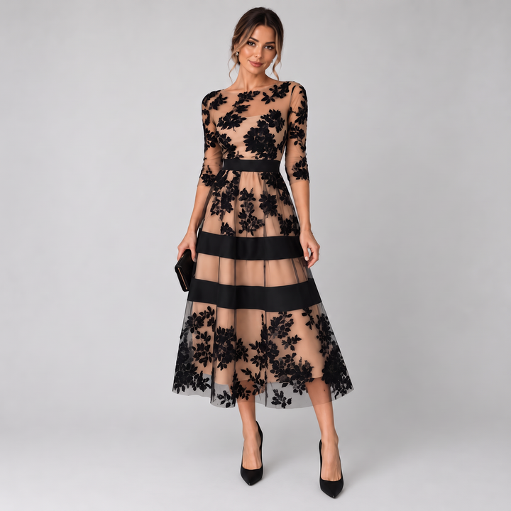 Rosalinda | Elegant Black Lace A-Line Midi Dress