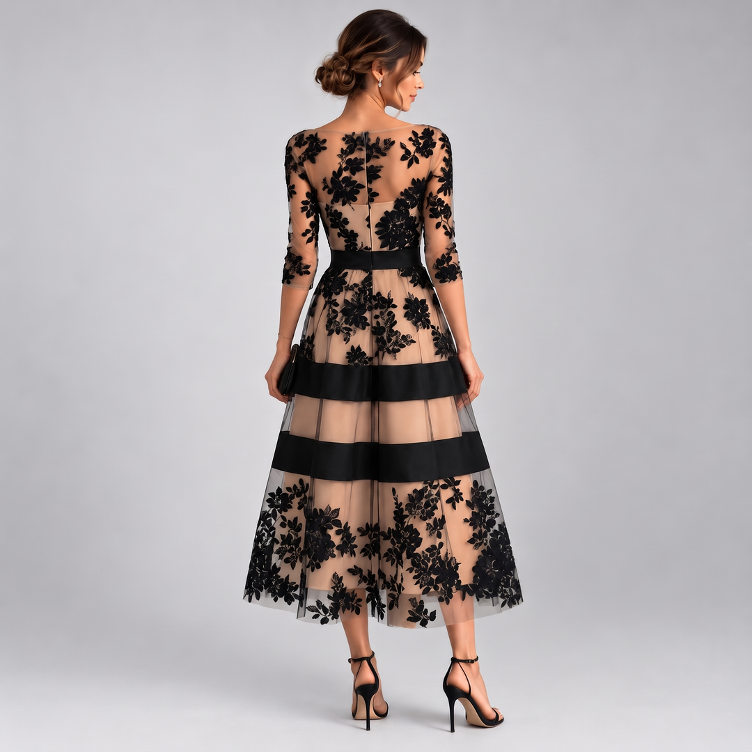 Rosalinda | Elegant Black Lace A-Line Midi Dress