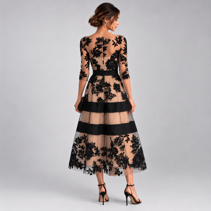 Rosalinda | Elegant Black Lace A-Line Midi Dress