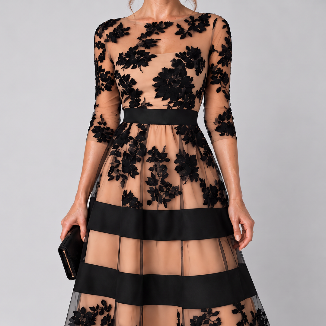 Rosalinda | Elegant Black Lace A-Line Midi Dress
