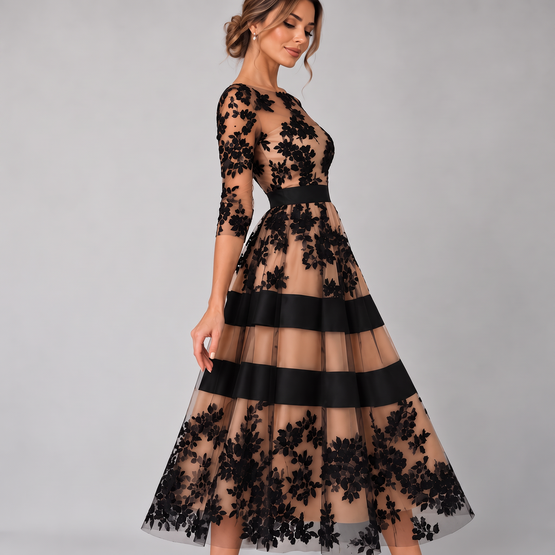 Rosalinda | Elegant Black Lace A-Line Midi Dress