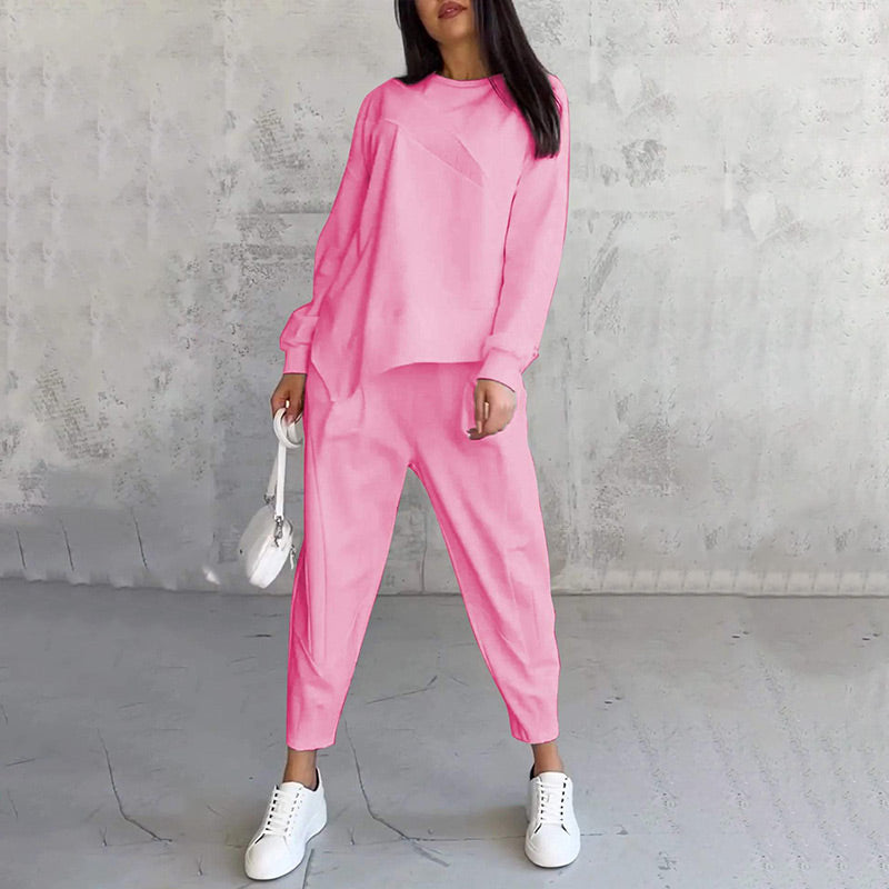 Completo 2 Pezzi da Donna: Felpa a Maniche Lunghe con Orlo Asimmetrico e Pantaloni