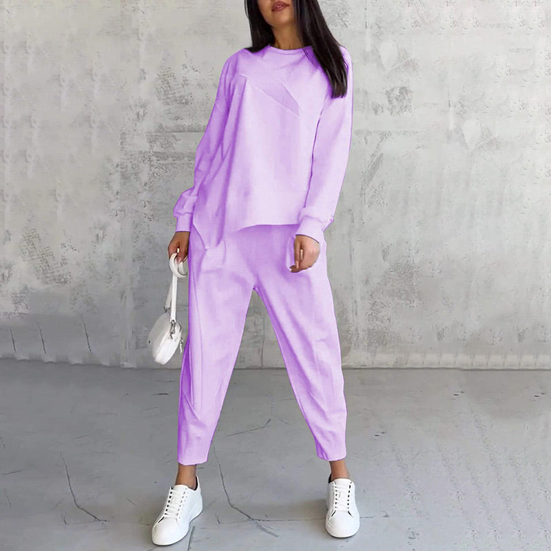 Completo 2 Pezzi da Donna: Felpa a Maniche Lunghe con Orlo Asimmetrico e Pantaloni
